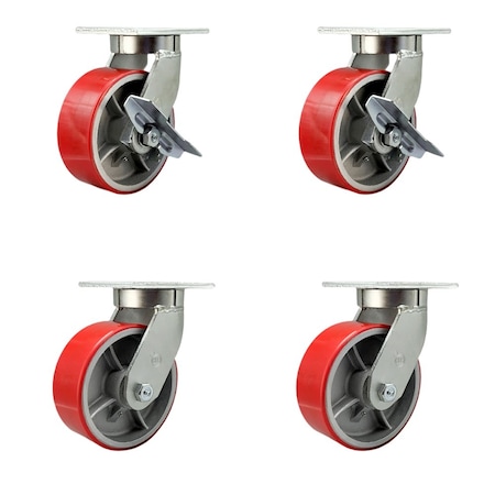 Service Caster 8'' Heavy Duty Red Poly on Cast Iron Caster Set 4 Swivel Locks 2 Brakes, 4PK CRAN-KP92S830-PUR-RS-SLB-BSL-2-BSL-2